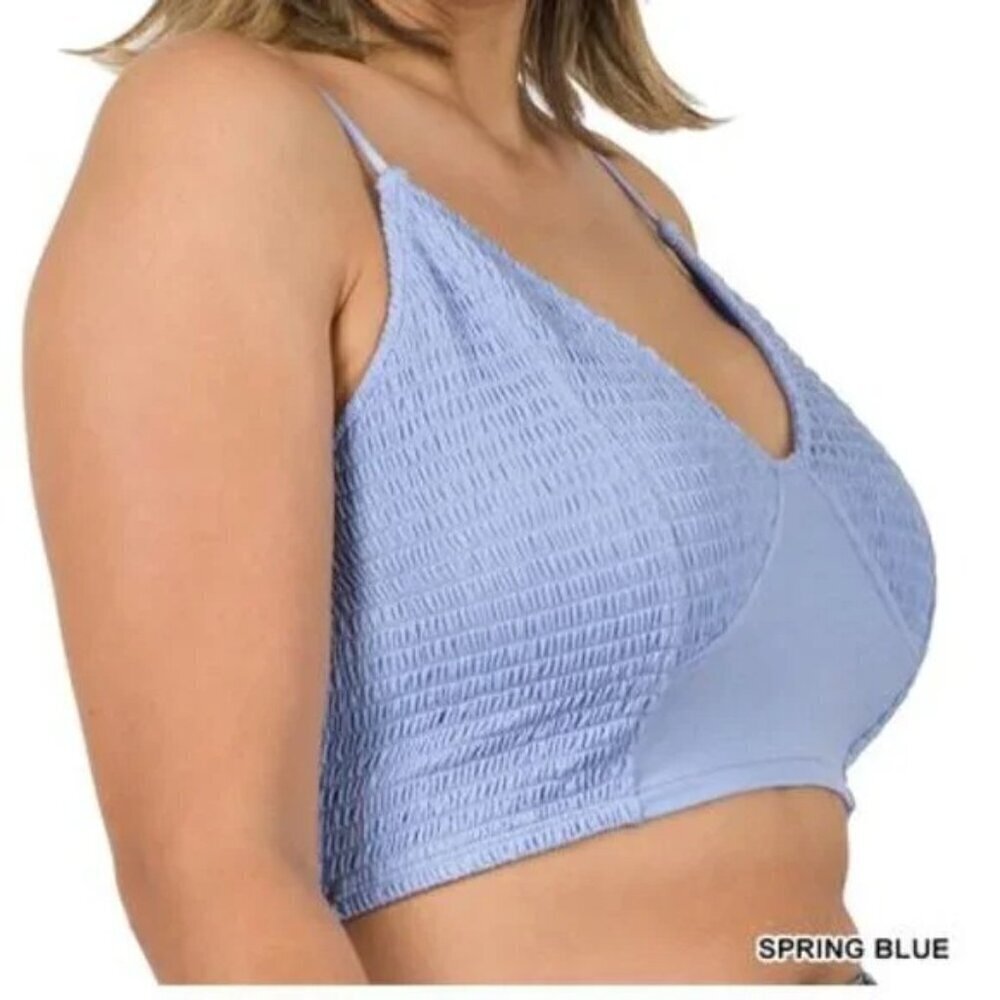 NWOT Zenana Spring Blue Smocked Triangle Bralette Sizes 1X Adjust Straps